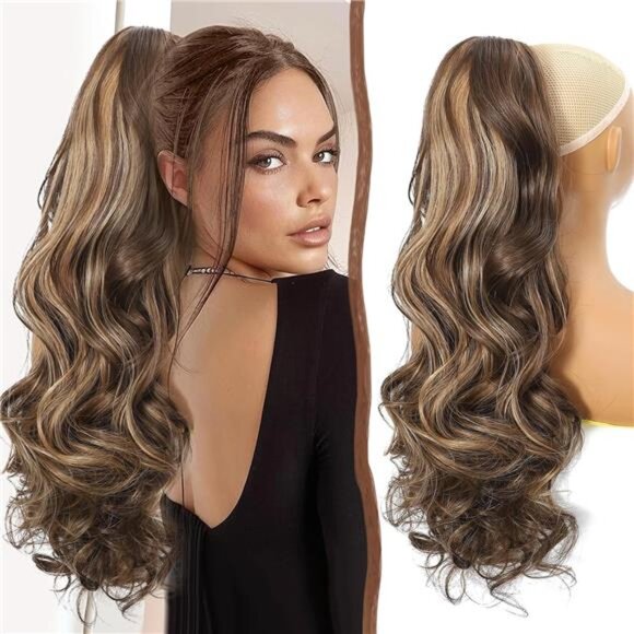 26 Inch Claw Clip in Ponytail Extensions Brown with Highlights